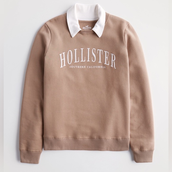Hollister women’s collared Tan Crewneck Sweatshirt Medium preppy classic neutral - Picture 1 of 7